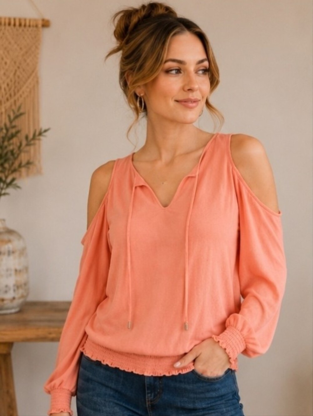 NWT INC cold shoulder, long sleeve, lightweight coral color blouse. Sz Lg